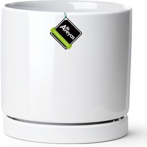 Aveyas 10 inch Ceramic Planter Pot with Drainage Hole and Saucer - Suitable for Indoor and Outdoor Use, Modern Planters for House Garden Flower Tree Snake Monstera Plants (10", Glossy White)