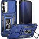Ezanmull for Samsung Galaxy S24 FE Case with Slide Camera Cover + Screen Protector(2 Packs), Rotated Ring Kickstand Military Grade Shockproof Protective Cover for Samsung Galaxy S24 FE (Dark Blue)