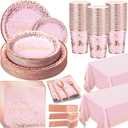 352 Pcs Pink and Rose Gold Birthday Party Supplies Severs 50 Guests Paper Plates Cups Napkins, Plastic Tablecloths Forks Knives Spoons Pink Disposable Dinnerware Set for Baby Shower Birthday Wedding