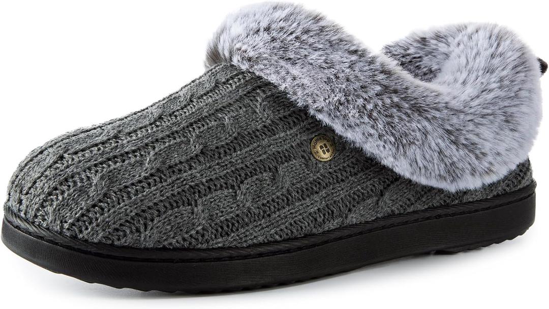 HomeTop Women's Cable Knit Slippers Breathable Warm Comfy Non-slip Indoor Outdoor House Shoes with Fuzzy Collar (7-8, Cloudy Gray)