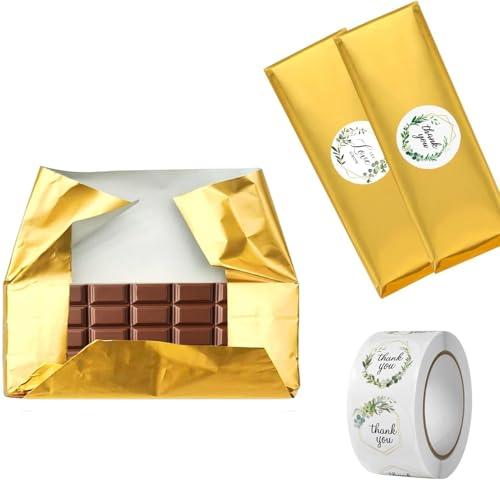100 Pack Chocolate Bar Wrappers with Thick Paper Backing,Come with 100 Stickers,6" X 7.5", Gold Foil Candy Wrappers, Homemade Individual Wrapping Sheets,Durable,Wrinkle-Free (Gold-with Stickers)