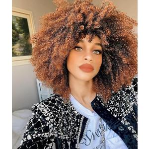 Short Curly Afro Wig With Bangs for Women Kinky Curly Wigs Ombre Brown Afro Wig Heat Resistant Fluffy Synthetic Wigs