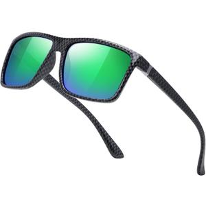Sunglasses Men Polarized Sunglasses for Mens and Womens,Black Retro Sun Glasses Driving Fishing UV Protection (A27-carbon Fiber Pattern Frame/Gun Metal/Green Lens)
