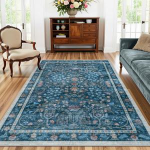 LIVEBOX Washable Rug 5x7, Soft Blue Area Rugs for Living Room, Floral Rug for Bedroom, Boho Distressed Rugs Non Slip, Low Pile Vintage Indoor Carpet for Dining Room Home Decor 