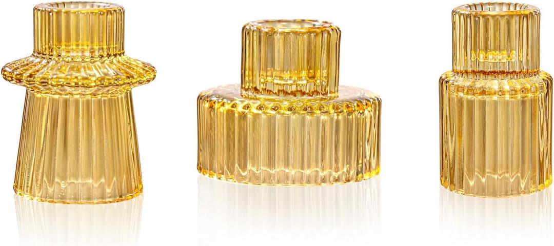 WELLIFE 3 Pcs Amber Glass Candle Holder, Taper Candle Holder, Amber Glass Candlestick Holder for Party, Wedding Decorations, Table Centerpieces and Thanksgiving