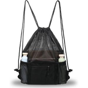 Mesh Drawstring Backpack Bag, Gym Sports Bags with Zipper Pocket, Large Mesh Drawstring Backpack, Swim Bag, Multifunction Bags for Beach, Swimming, Gym, Clothes, Travel (Black)
