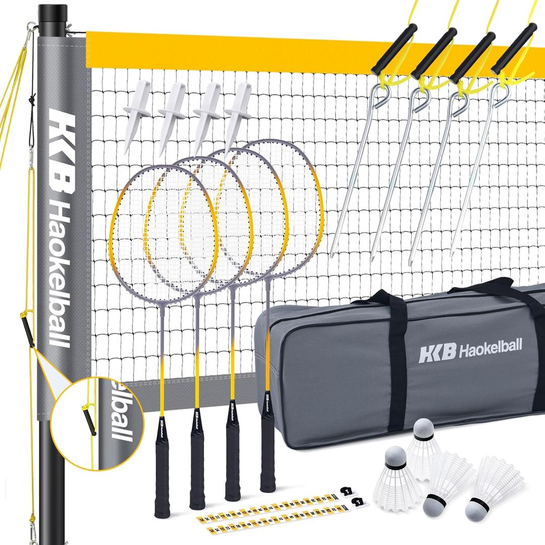 Haokelball Professional Badminton Set Badminton Sets for Backyards with Net Tension Adjuster, Badminton Rackets Set of 4, 4 Nylon Badminton Shuttlecocks and Carry Bag, Gray