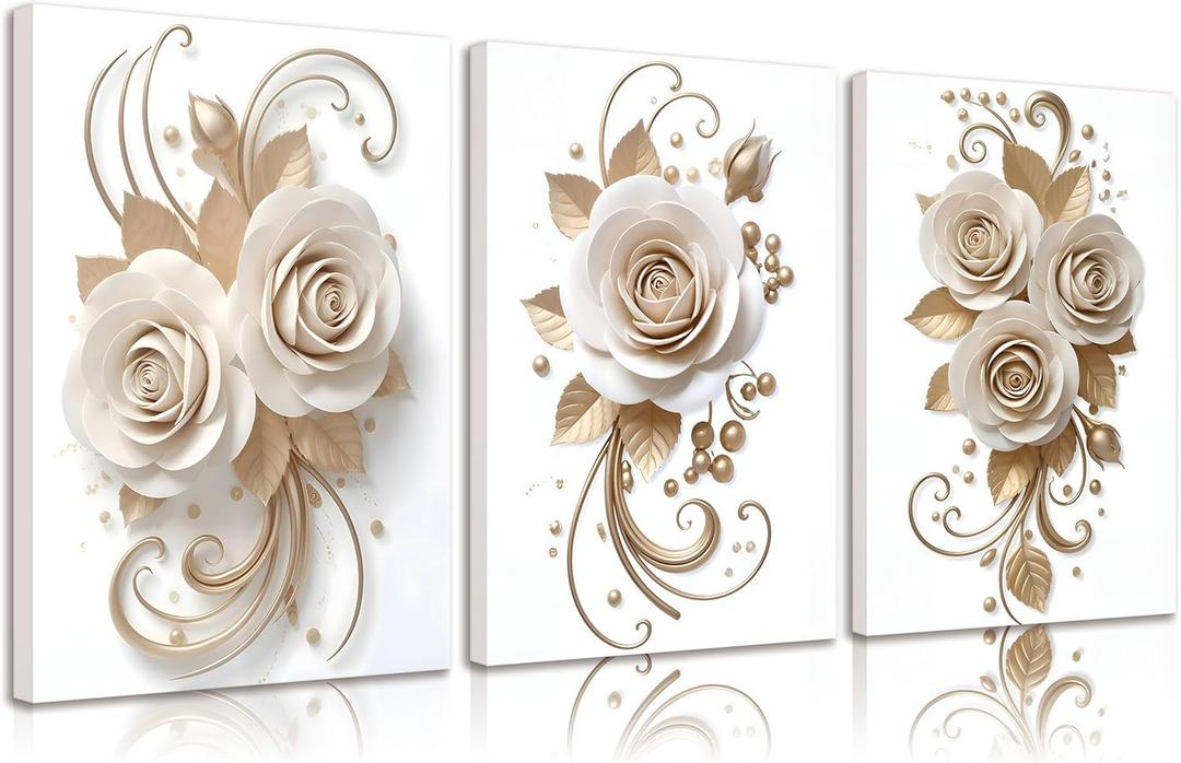 3Pcs Abstract White Gold Rose Canvas Wall Art Elegant Blossom Rose Floral Wall Decor Pictures Golden Leaves Posters Prints for Living Bedroom Bathroom Room Decoration Ready To Hang