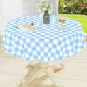 misaya Round Waterproof Vinyl Table Cloth, Buffalo Flannel Backed Tablecloth, Wipeable Plastic Table Cover for Dinner, Kitchen, Picnic (60", Baby Blue and White)