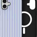Skyseaco for iPhone 16 Case with Magsafe Cute Striped Phone Case, Shockproof Slim Soft TPU and Hard PC Double Layer Protective Cover for Women, Blue