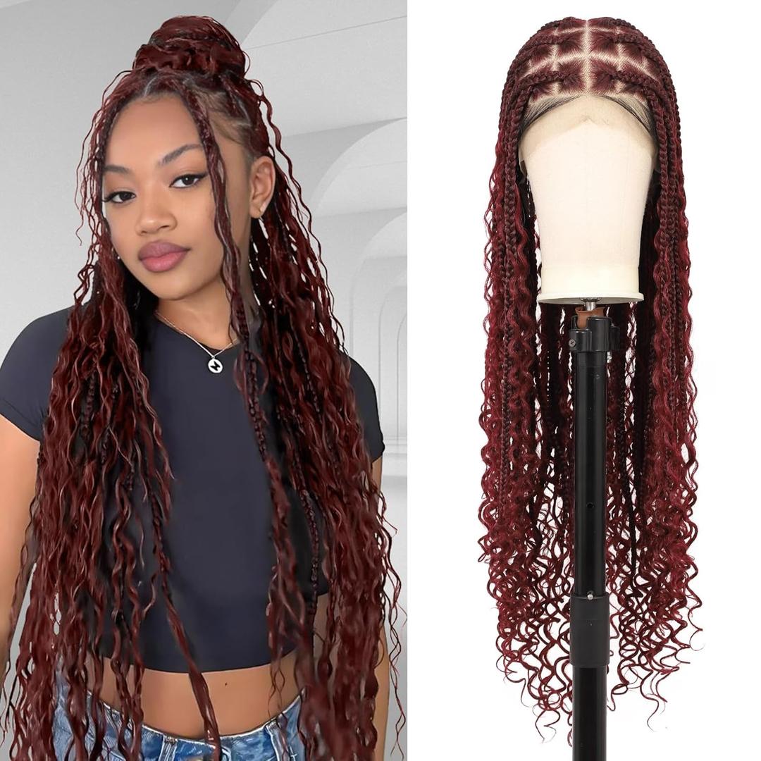 360 HD Full Lace Knotless Boho Braided Wigs for Women Box Braid Wig with Baby Hair Premium Synthetic Braided Lace Front Wigs Burgundy 36 Inch