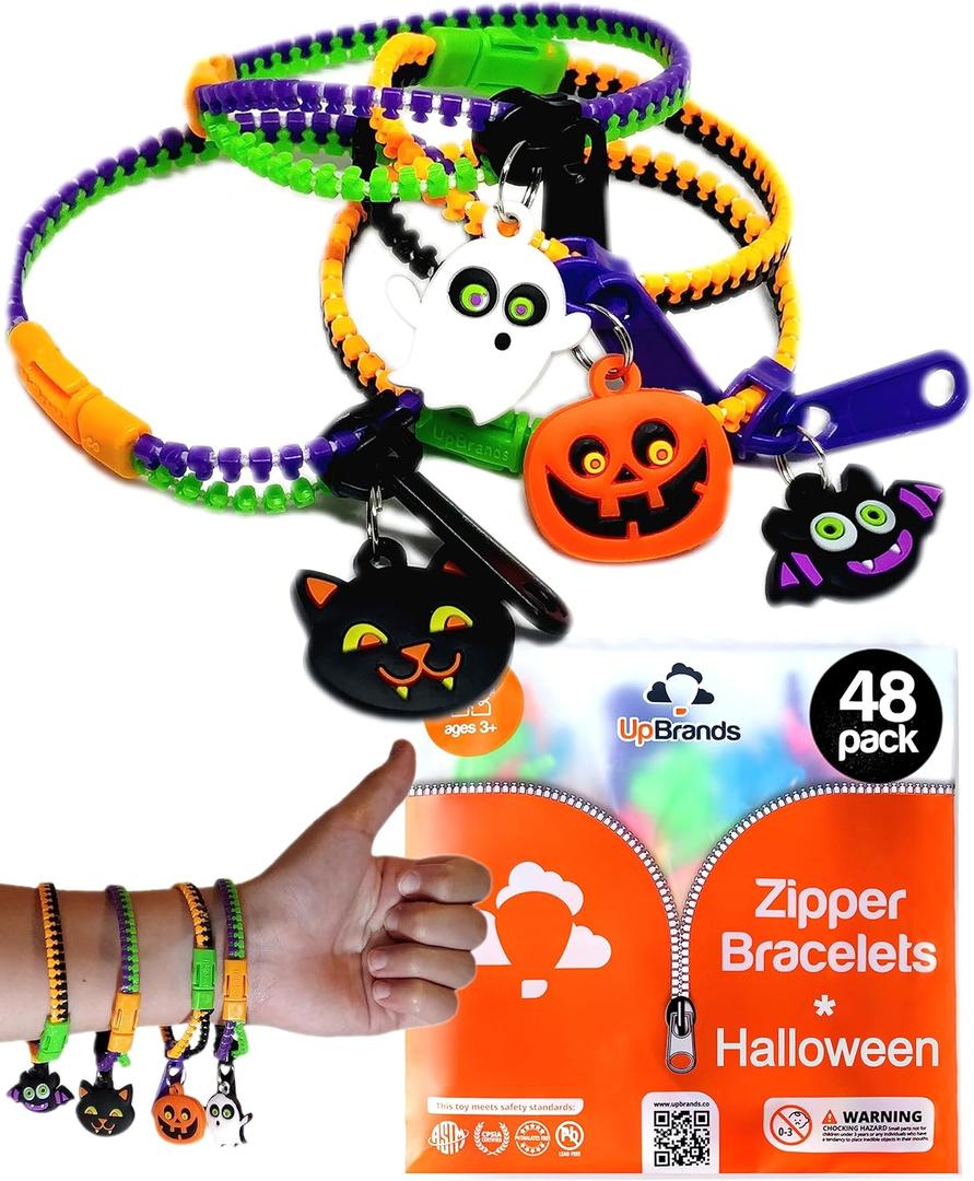 UpBrands 48-Pack Halloween Fidget Bracelets for Kids  Bulk Zipper Toys, Goodie Bag Fillers, Classroom Prizes, Halloween Party Favor Treats