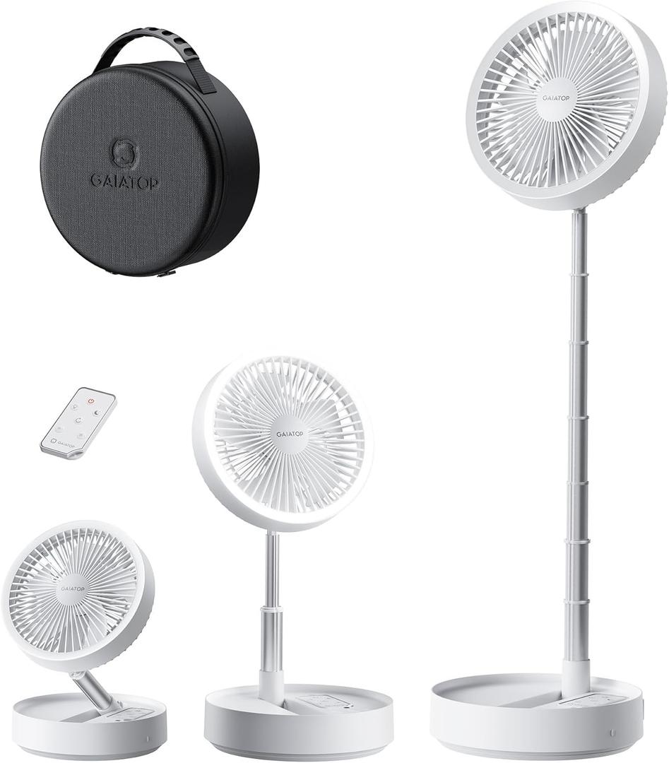Gaiatop Portable Pedestal Fan 16000mAh Battery [Max 74h Runtime], Foldable Oscillating Standing Fan, Collapsible Desk Fans, LED Light, Case & Remote Control 4 Speeds for Outdoor Travel Camping (White)