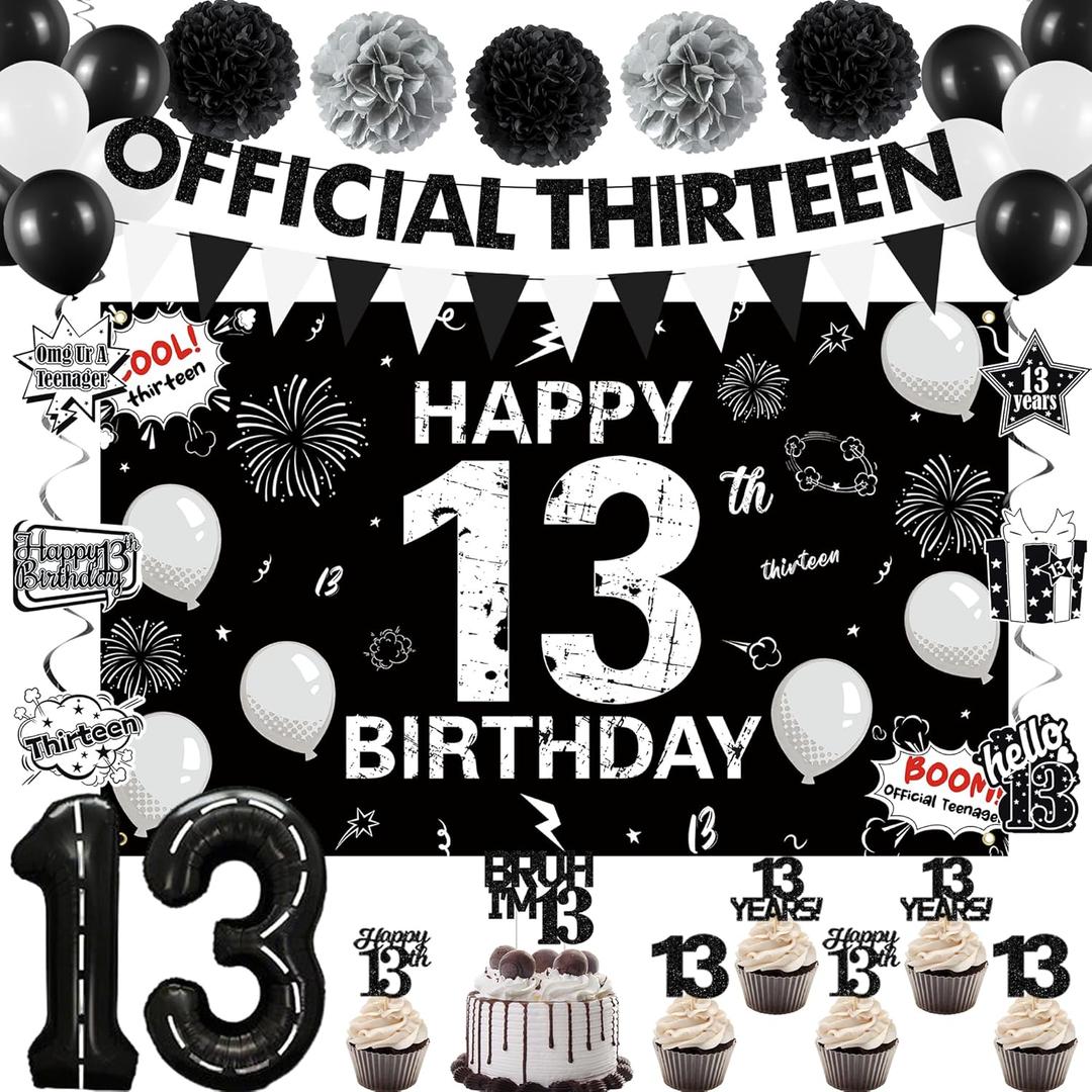 Holkcog Happy 13th Birthday Decoration for Boys Girls, Black Official Teenager Party Supply, Black 13th Number Balloons & Cupcake Topper, Glitter Cool 13 Hanging Swirl, 13 Years Old Birthday Decor