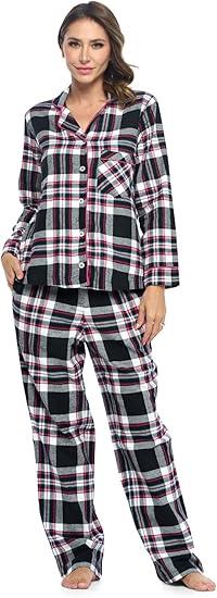 Women's Flannel Plaid Pajamas Long Sleeve Button Down Pj Set Small (Black Plaid)