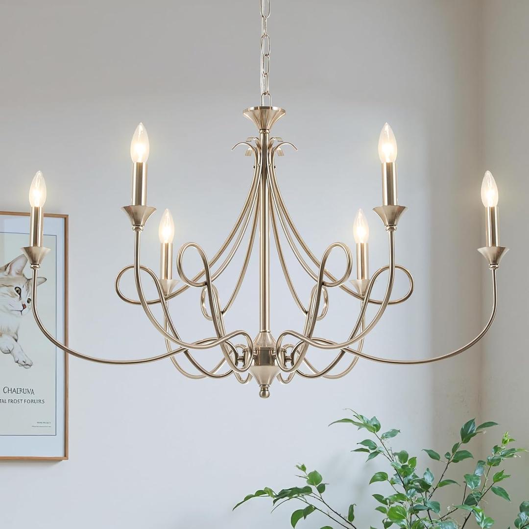 Modern Brushed Nickel Chandelier, 6-Lights Candle Dining Room Light Fixture 36.6in Farmhouse Chandeliers Metal Pendant Lights for Living Room Bedroom Entryway Kitchen Island, Large
