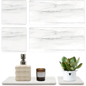 Set of 4 Water Absorbing Stone Drying Tray for Bathroom Sink Kitchen Hand Soap Coaster Diatomite Toothbrush Holder Quick Dry Marble Bathroom Vanity Trays Diatomaceous Earth Dish Kitchen Counter Tray (White)