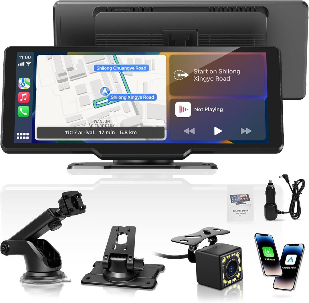 Portable Carplay Screen for Car, 10.26" Wireless Carplay Car Stereo & Android Auto, OTA Updates, Car Play Touchscreen with 1080P Backup Camera,GPS Navigation,Voice Control,5.0 Bluetooth (10.26inch)