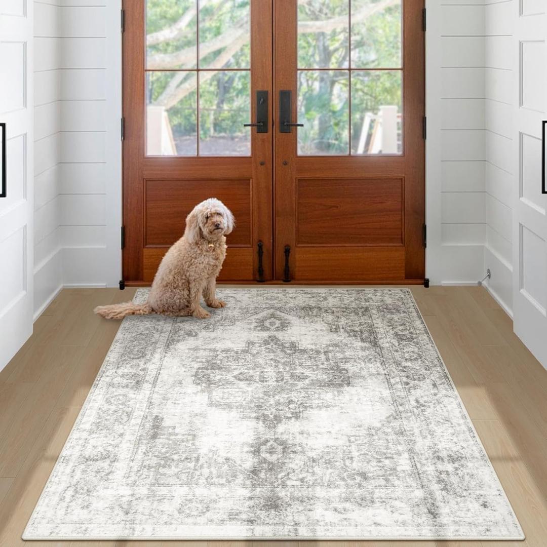 Area Rug 3x5 Vintage Rug: Washable Indoor Medallion Rug Low Pile Distressed Floor Carpet Retro Accent Doormat for Bedroom Bathroom Hallway Kitchen Home Office(Grey, 3'x5')