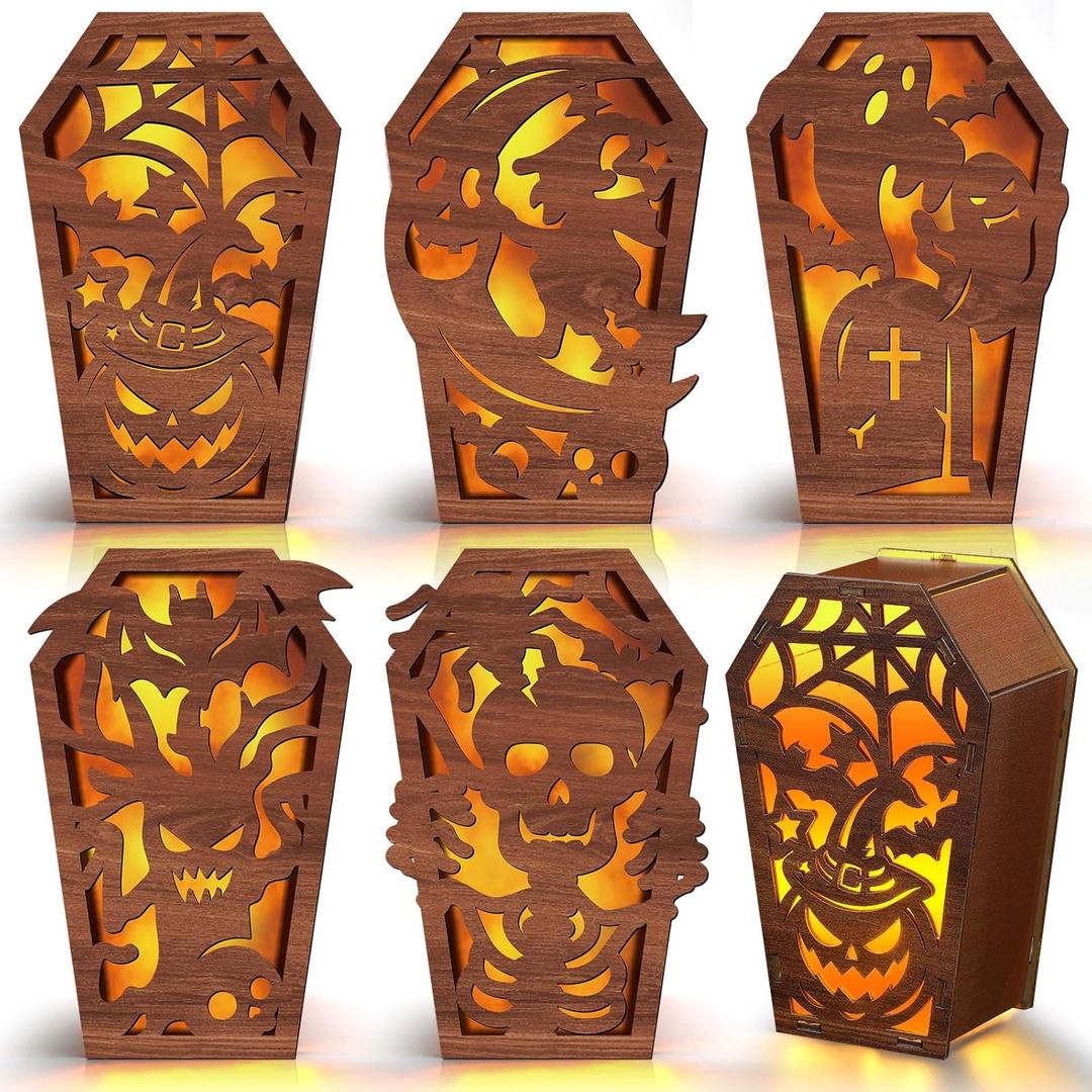 Capoda 5 Pieces Halloween Candle Holder Boxes Decorations Wooden Pumpkin Tombstone Skeleton Dead Tree Witch Coffin Shape Hollowed Decorative Luminary Box for Home Decor Party, Assembly Required