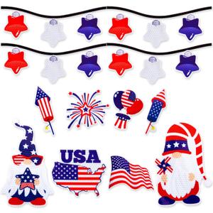 Whaline 24Pcs 4th of July Reflective Car Magnets Patriotic Refrigerator Magnets Independence Day Gnome Fridge Decor USA Flag Star Bulb Light Magnet with Lines for Kitchen,Metal Door,Cabinets,Mailbox