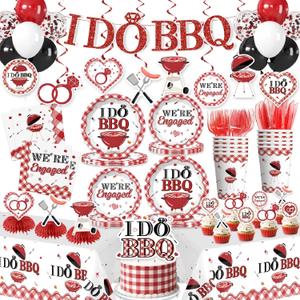 205 Pcs I DO BBQ Decorations - Serves 25 Guests - All-in-One Picnic Party Decorations Kit Includes 350psm Plates, Tablecloths and Toppers, BBQ Themed Party Supplies
