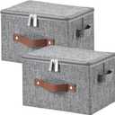 2 x 2 Pack Storage Bins with Zipper Lid Cotton Linen Fabric Lidded Storage Baskets Boxes Foldable Washable Closet Shelf Clothes Organizer Container with PU Leather Handles (Gray, Small Size)