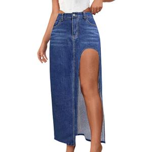 SEMATOMALA Women's Thigh High Split Maxi Denim Skirt High Waisted Cut Out High Low Asymmetrical Jeans Long Skirts ZQ-XL Blue