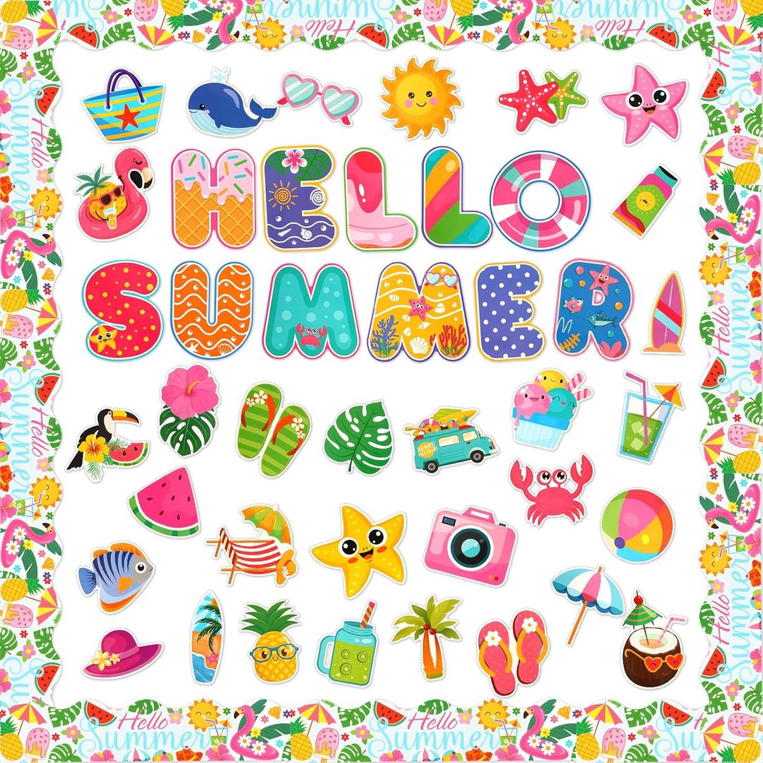 JUNEBRUSHS Hello Summer Cutouts 56 Pack Pool Beach Hawaiian Theme Cut Outs Summertime Bulletin Board Decoration Watermelon Decorations School Party Supplies