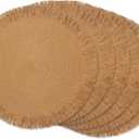 DII Woven Kitchen Collection Round Placemat Set, 15" Round, Natural Fringe, 6 Piece
