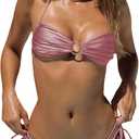 SOLY HUX Bathing Suit for Women Halter Ring Linked Tie Side Bikini Sets Two Piece Swimsuit (Small, Plain Dusty Pink)