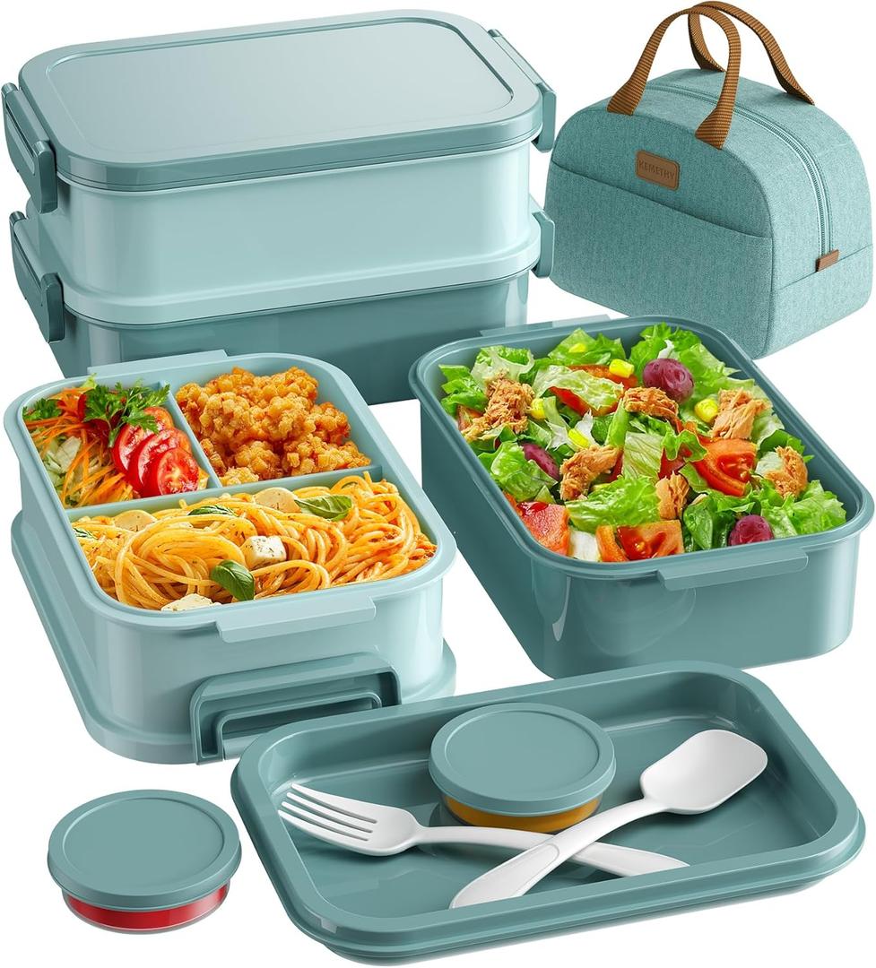 KEMETHY Adults Bento Lunch Box Set with Thermo Bag, 74oz Stackable Leak-proof 3-tiers Bento Box, Built-in Utensil and Sauce Container for Work, School, Dining Out (Green)