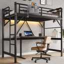Twin Size Loft Bed with LED Lights and Charging Station, Industrial Heavy Duty Metal Loft Bed Frame with Ladder and Guardrail for Kids Adults, Small Space Saving Design for Bedroom Dorm, Vintage Brown