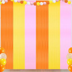 Groovy Birthday Fringe Backdrop, Orange Pink and Yellow Foil Fringe Backdrops Streamer Tinsel Curtains for Flower Groovy Bachelorette Themed Baby Shower Party Decorations(3Pack)