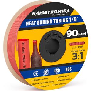 haisstronica 3:1 Heat Shrink Tubing, Shrink Ratio Adhesive Lined Marine Grade Heat Shrink Tube for Home, Automotive and Industrial (Red) 90FT 1/8inch