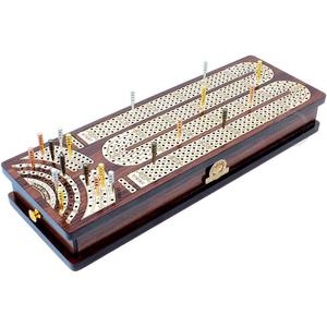 House of Cribbage - Continuous Cribbage Board/Box Inlaid in Rosewood/Maple : 4 Track - Side Drawers with Score Marking Fields for Skunks, Corners and Won Games