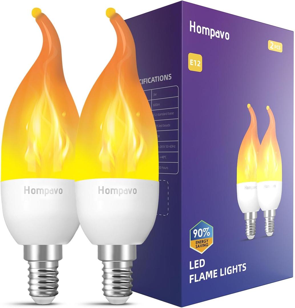 Hompavo Christmas Decorations, Upgraded LED Flame Light Bulbs, 3 Modes Flickering Light Bulbs, E12 Chandelier Base Candle Fire Light Bulb for Halloween Party Porch Indoor & Outdoor Home - 2 Pack
