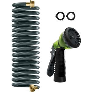 Coil Hose 15FT EVA Coil Garden Hose With 3/4'' Brass Connector Coiled Water Hose Lightweight And No Kink Includes 7 Patterns Spray Nozzle For Outdoors Lawn Watering Car Washing (Gray)