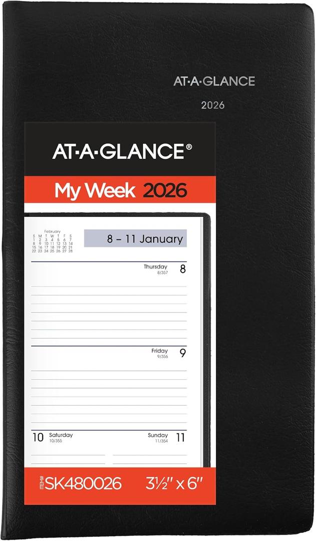AT-A-GLANCE 2026 Planner, Weekly, 3-1/2" x 6", Pocket Size, Open Scheduling, DayMinder, Black (SK480026)