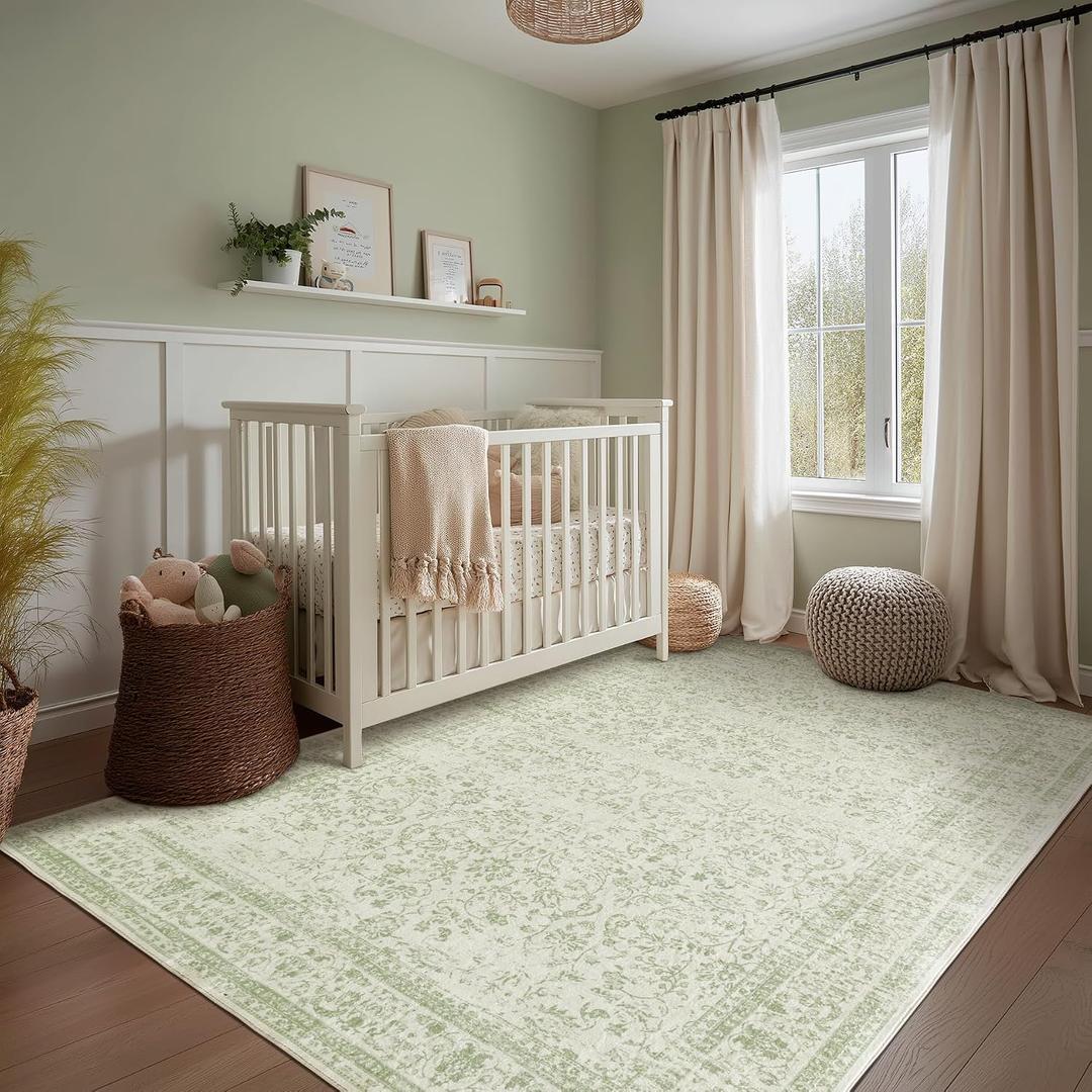 Sage Green Area Rug for Bedroom Neutral Boho Farmhouse Floral Distressed Design 5x8 Rug with Washable No Slip Soft 5 by 8 Area Rugs for Living Room Home Office Dining Room Carpet for Under Table