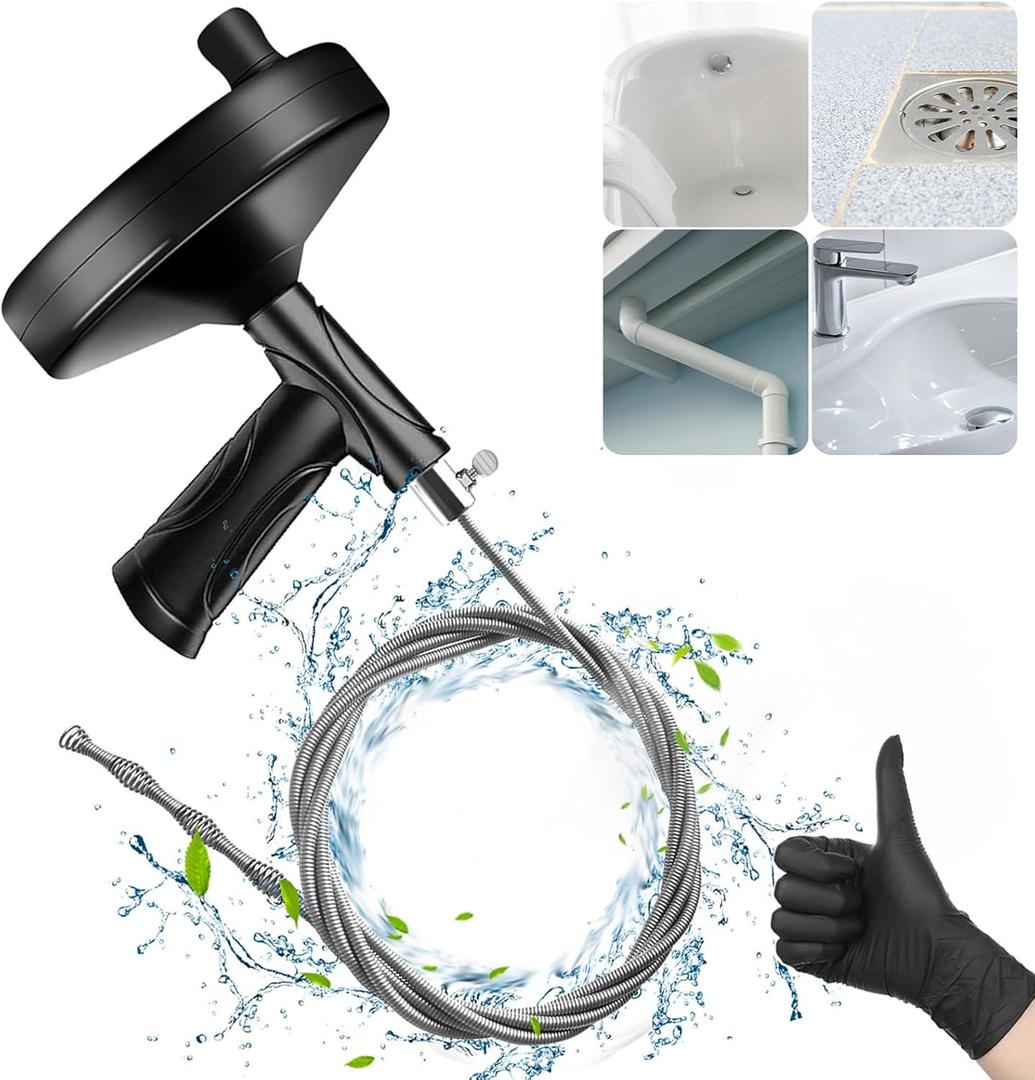 Drain Snake Auger 33 Feet, Plumbing Snake Drain Hair Clog Removal Tool, Heavy Duty Toilet Snake Auger, Sink Unclogger Drain Cleaner Tool for Bathroom Kitchen Tub Shower Clog Remover with Gloves