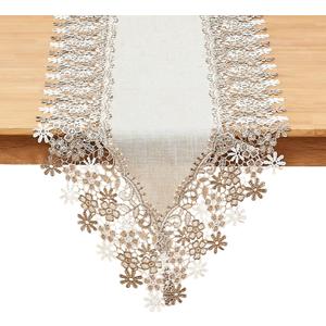 Natural Neutral Earth Tones Beige Floral Lace Table Runner Dresser Scarf 60 inches Long for Home Decor (16 x60, Floral Natural)