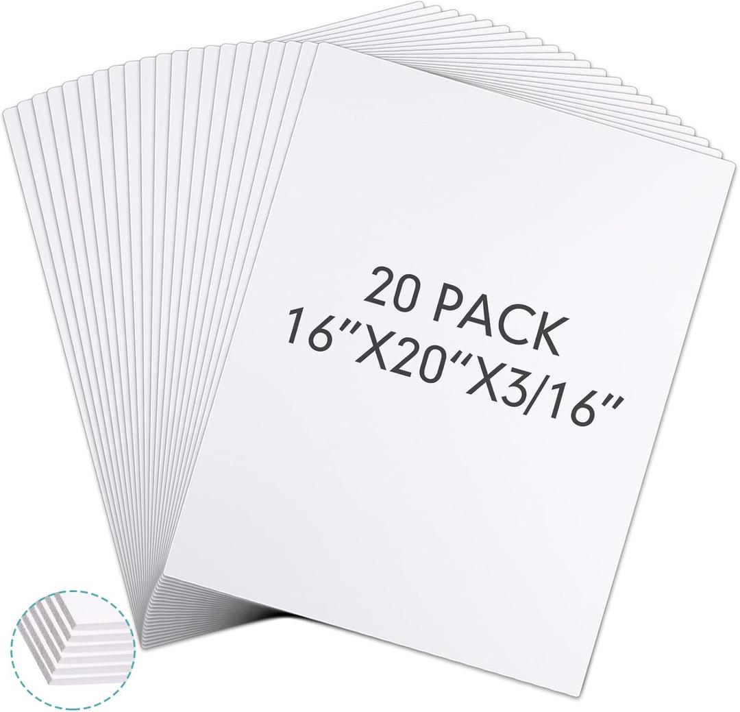 20 Pack Foam Board 16 x 20 x 3/16" White Poster Board Bulk Large White Foam Core Boards for Crafts Framing Art Display Presentation Projects School Office
