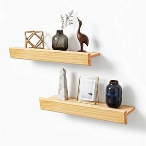 24 Inch Picture Ledge Shelf with Lip,Floating Shelves for Wall, Set of 2 Solid Pine Wood Shelves with Invisible Brackets, Wall Storage for Living Room, Bedroom, Kitchen, Bathroom(Nature Wood)