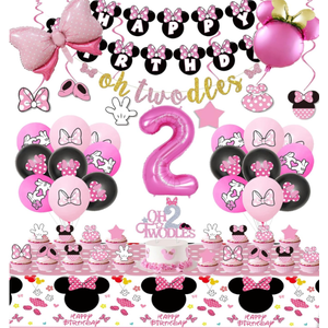 Cute Mouse Birthday Decorations, Oh Twodles Party Supplies Girl 2, Party Decorations for Girls with Includes Happy Birthday Banner, Tablecloth, Cake Cupcake Toppers,Bow Foil Balloon (Color 5)