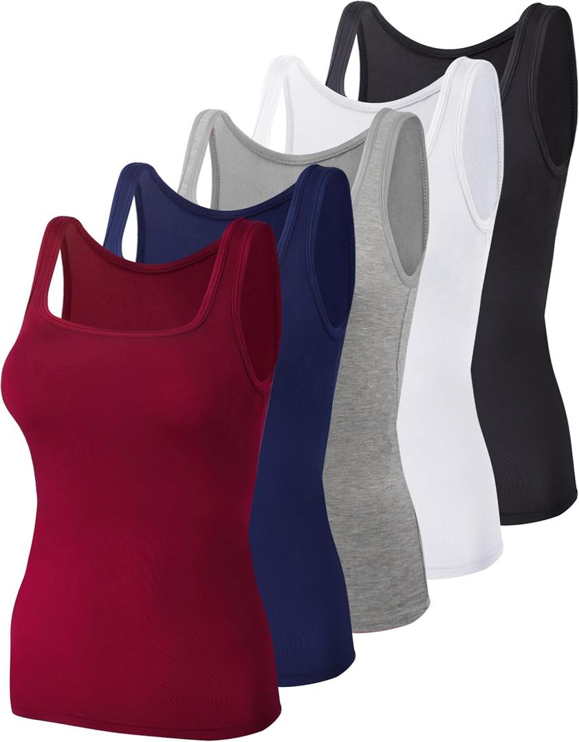 BQTQ 5 Pack Women's Tank Tops Square Neck Sleeveless Ladies Tank Top Undershirts (Large, Black, White, Gray, Darkrednavy)