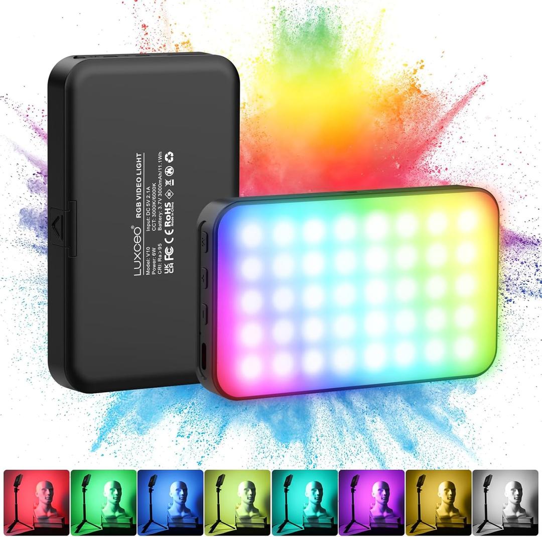 LUXCEO RGB Video Light, Portable LED Camera Light Panel, Dimmable 3000K-6000K CRI95+ Color LED Light with 3000mAh Rechargeable Battery, Pocket LED Photography Lights for Vlogging, Video Conference