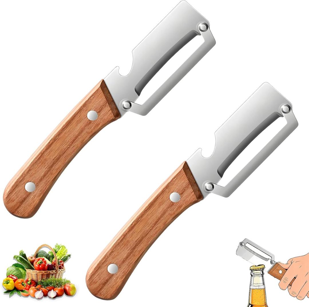 2 Pack Multifunctional Vegetable Peeler, With Wooden Handle and Bottle Opene, Stainless Steel Blade with Ergonomic Wooden Handle, Non-Slip Fruit & Potato Peeler for Kitchen Use