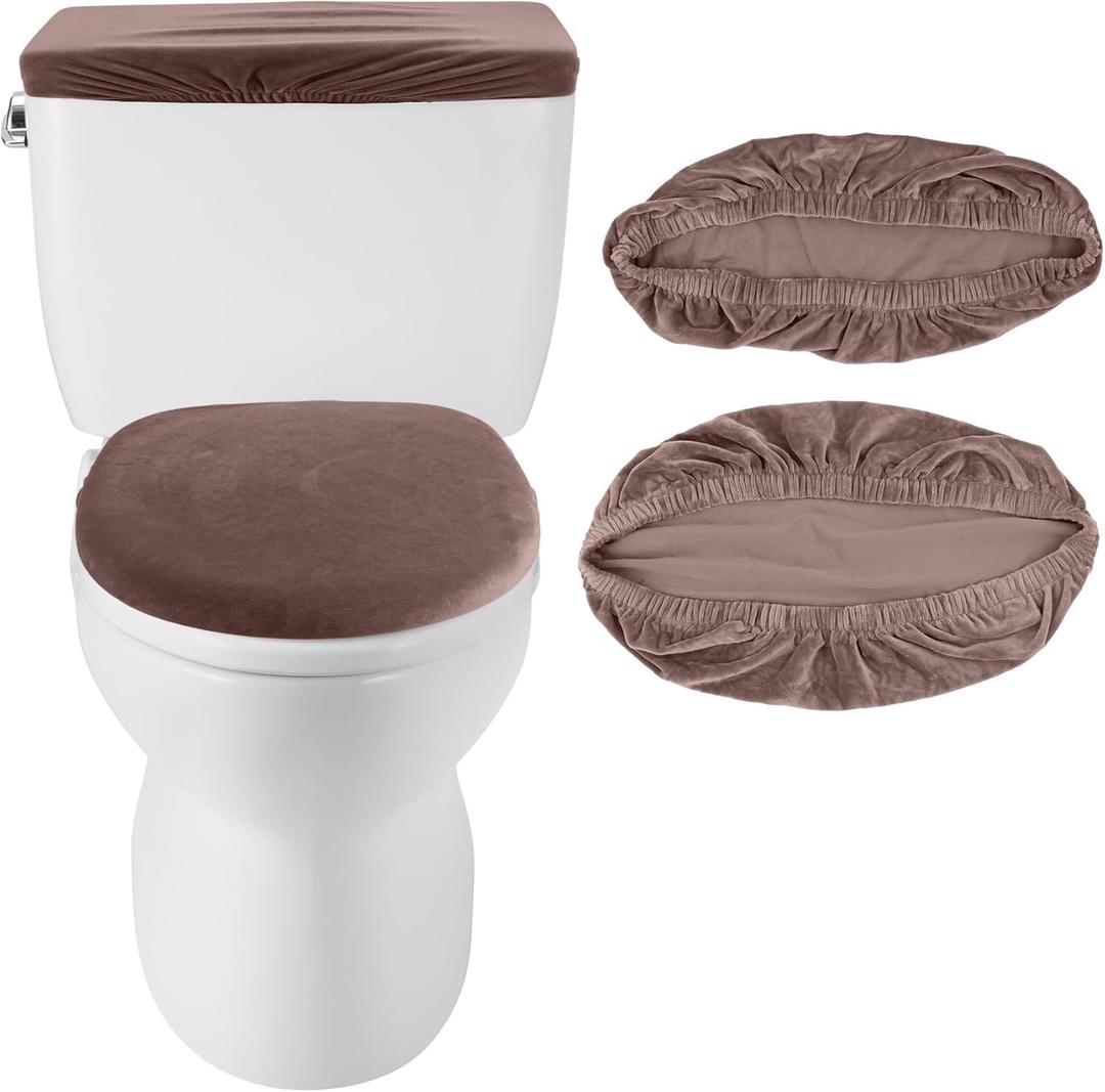Framendino, Velvet Toilet Lid Cover and Tank Cover Stretch Toilet Covers Set With Elastic Bottom for Bathroom Decor (Coffee)