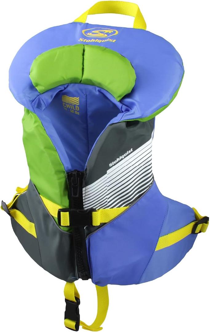 Stohlquist Child Life Jacket, US Coast Guard Approved, Type III Life Vest (30-50 lbs) for Kids and Children, Support Collar with Grab Handle, Fully Adjustable PFD for Pools, Lakes and Boating (Blue/Green)